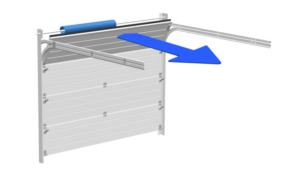 3D-Modell eines Sektionaltors von innen mit Pfeil, der die Garagentiefe anzeigt