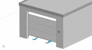 Illustration einer Garage mit Sektionaltor. Das Sektionaltor ist zum Teil geöffnet. Zwei Pfeile zeigen die Luftzirkulation an.