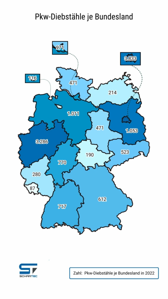 Deutschlandkarte mit Autodiebstählen, absolute Zahlen. Die Bundesländer sind je nach Anzahl farblich hervorgehoben.