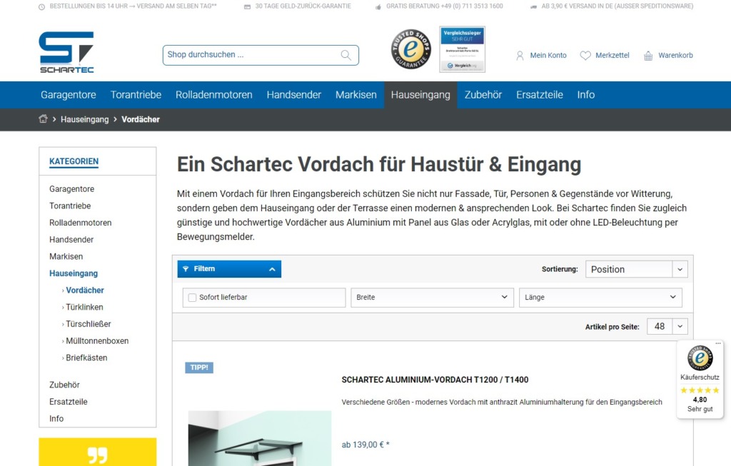 Screenshots des Shops schartec.de - Kategorie Vordächer